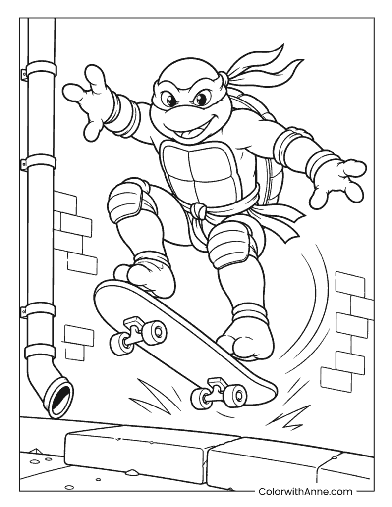 Michelangelo’s Skateboard Trick Coloring Page for Kids