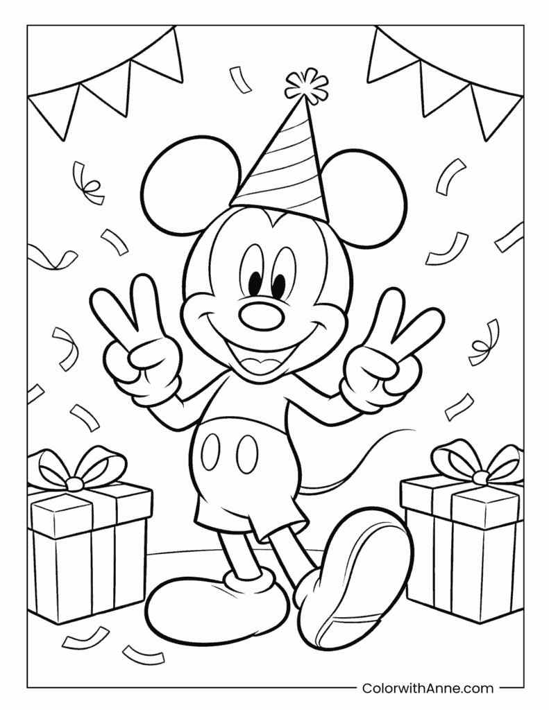 Mickey Mouse Birthday Party with Presents Coloring Page