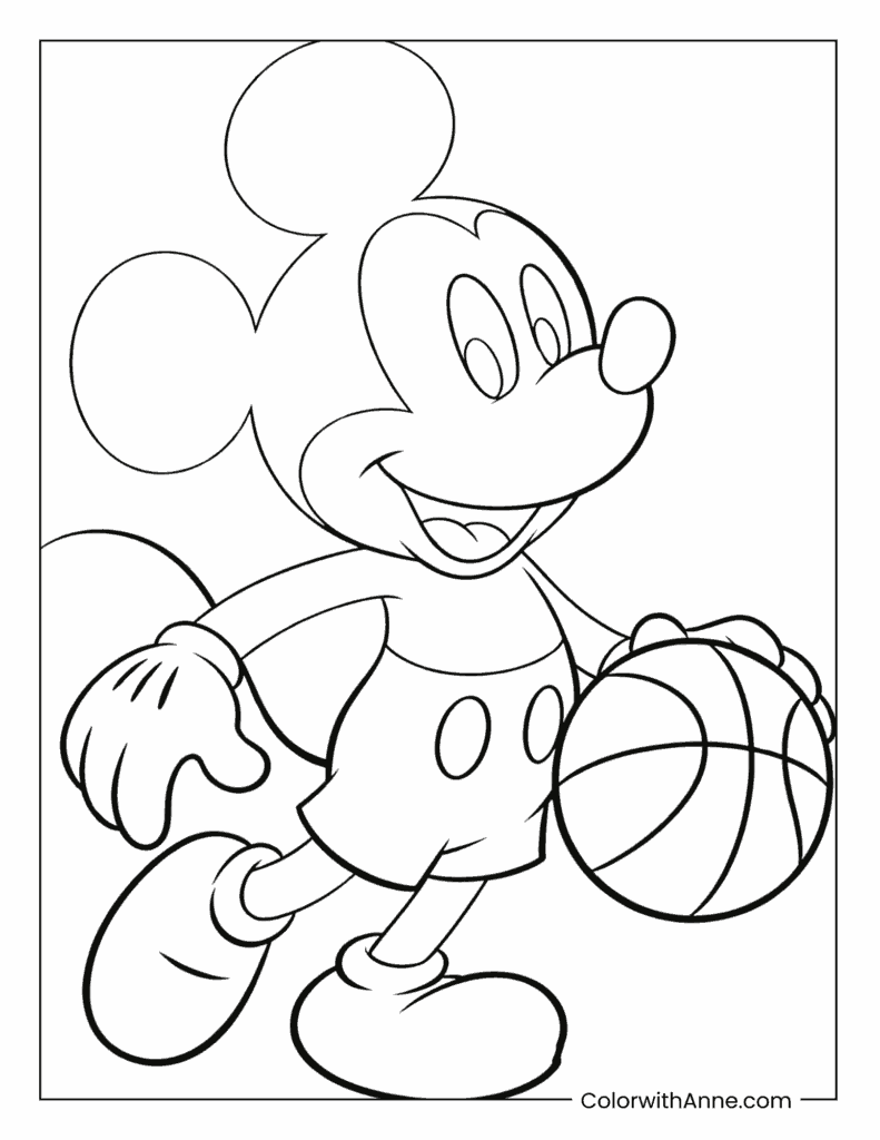 Mickey Mouse Holding a Basketball in Motion Pose Coloring Page