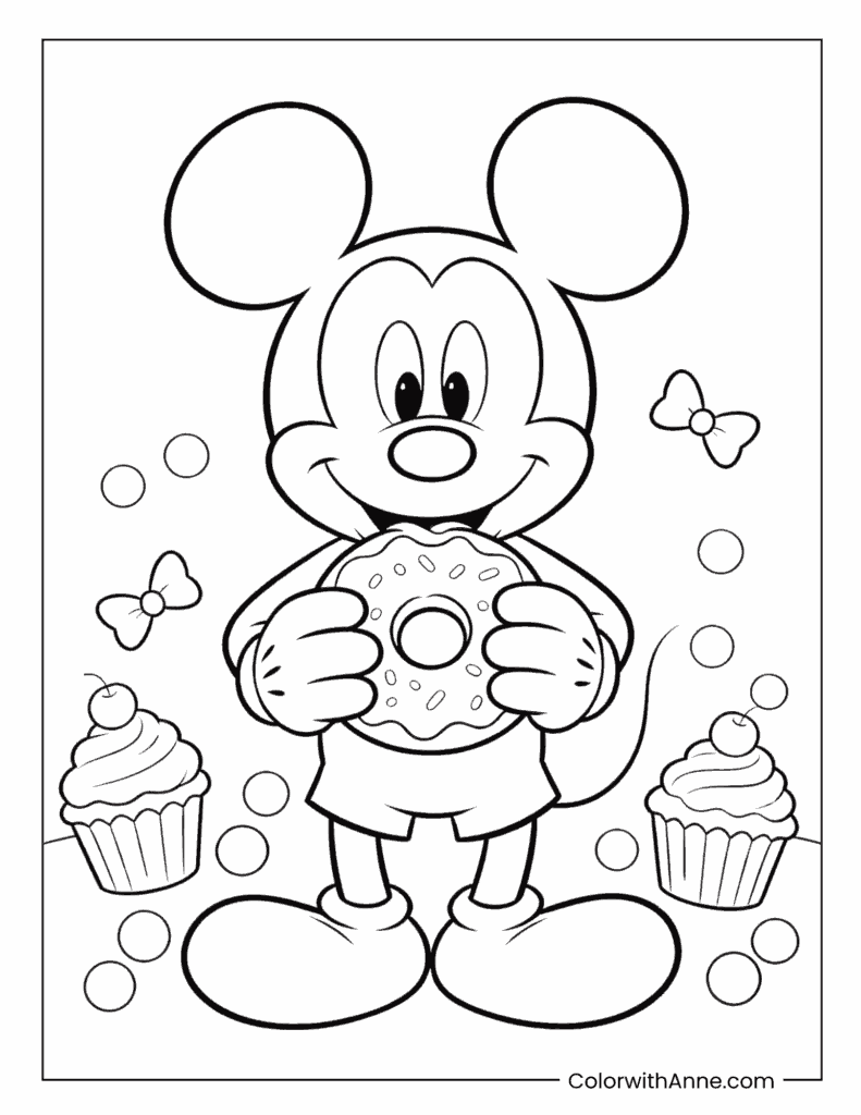 Mickey Mouse Holding a Donut with Cupcakes Coloring Page