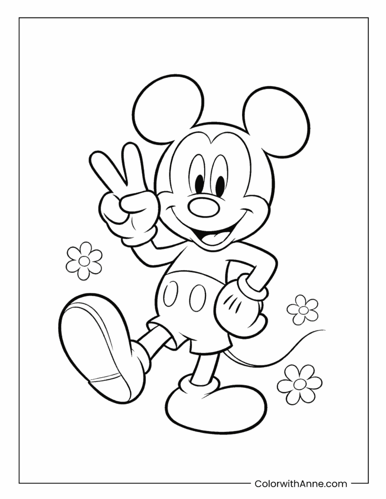 Mickey Mouse Making a Peace Sign with Flowers Coloring Page