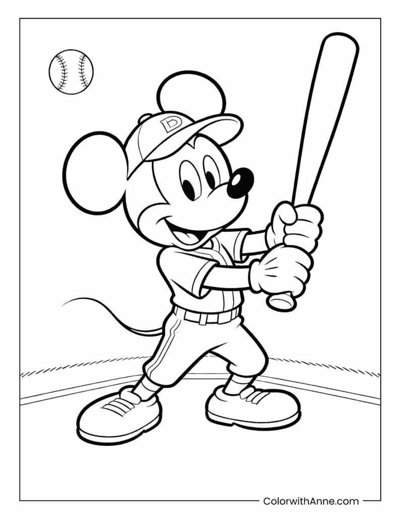 Mickey Mouse Playing Baseball with a Bat Coloring Page