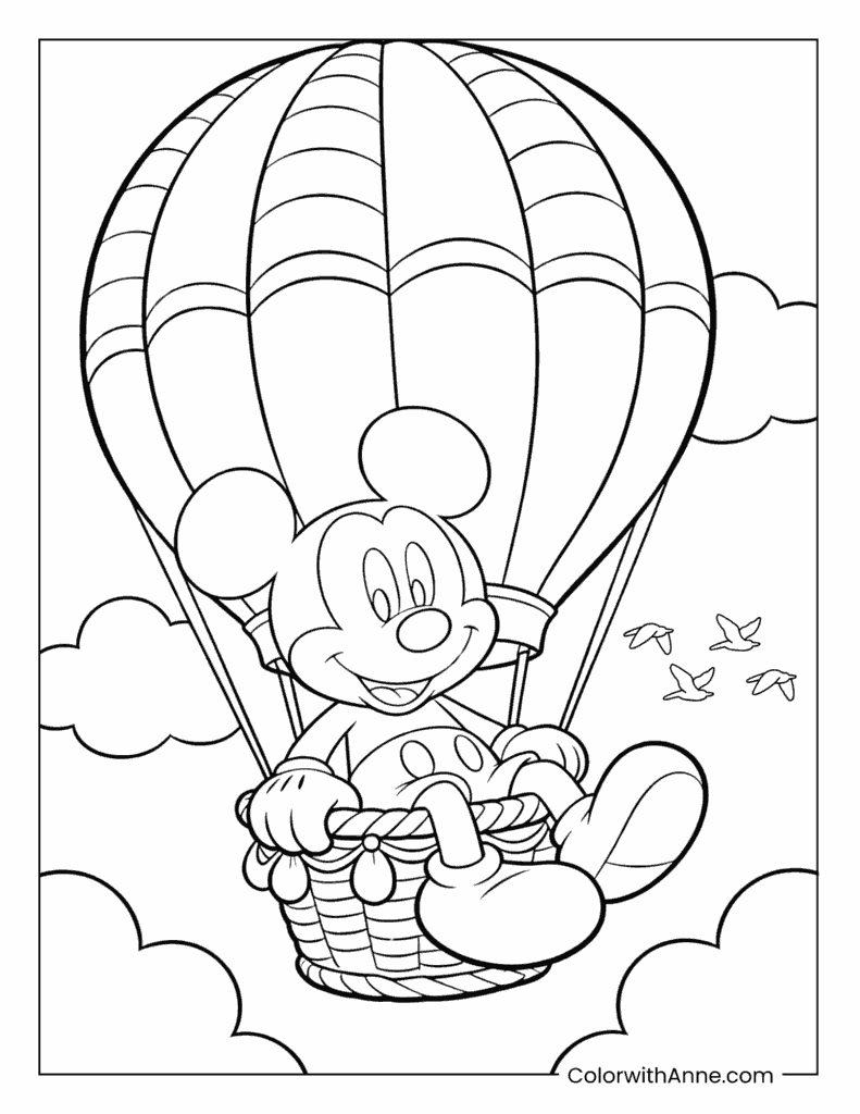 Mickey Mouse Riding in a Hot Air Balloon Coloring Page