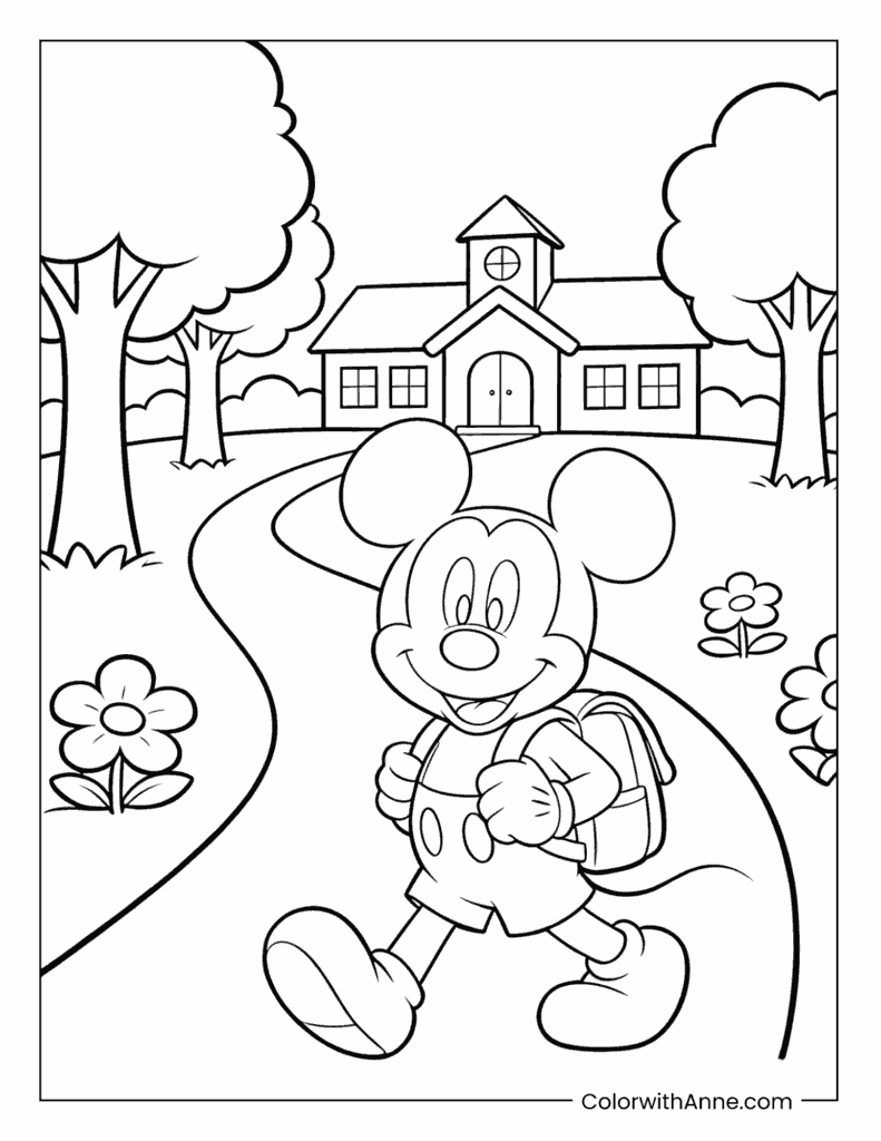 Mickey Mouse Walking to School with a Backpack Coloring Page