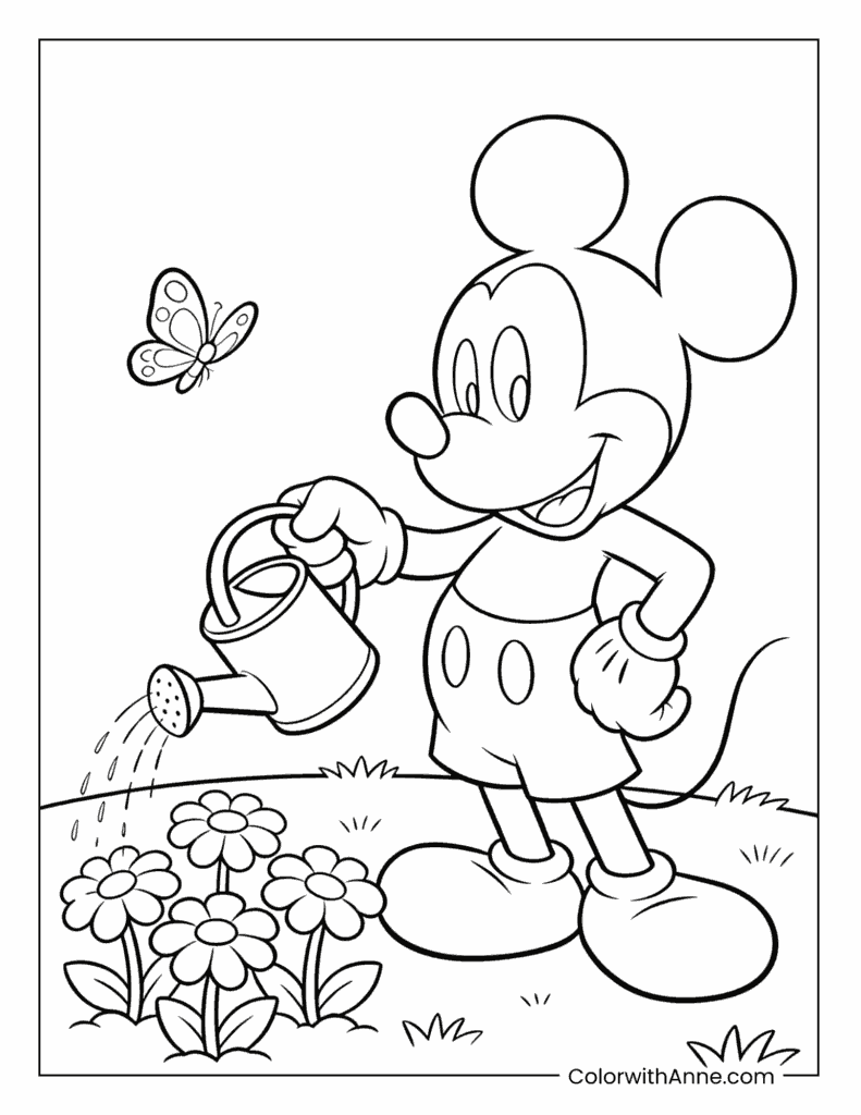 Mickey Mouse Watering Flowers with a Watering Can Coloring Page
