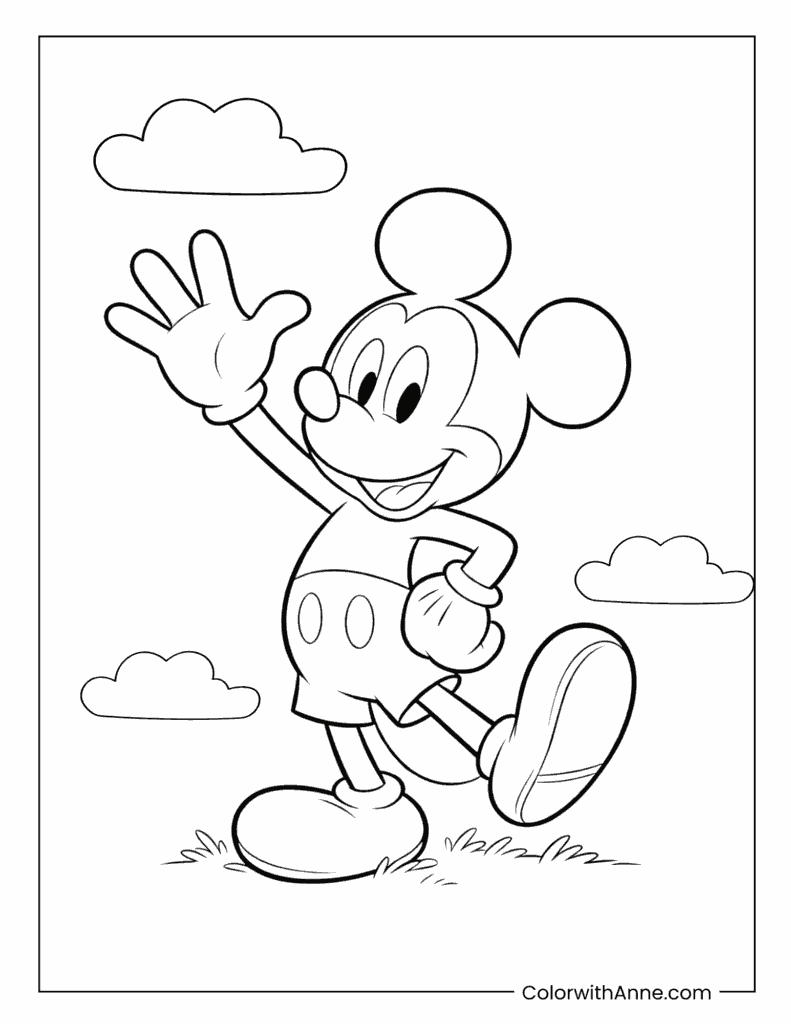 Mickey Mouse Waving While Walking Outdoors Coloring Page