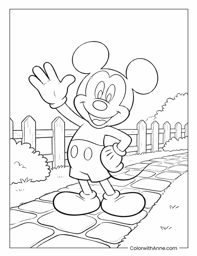 Mickey Mouse Waving on a Garden Path Coloring Page 1