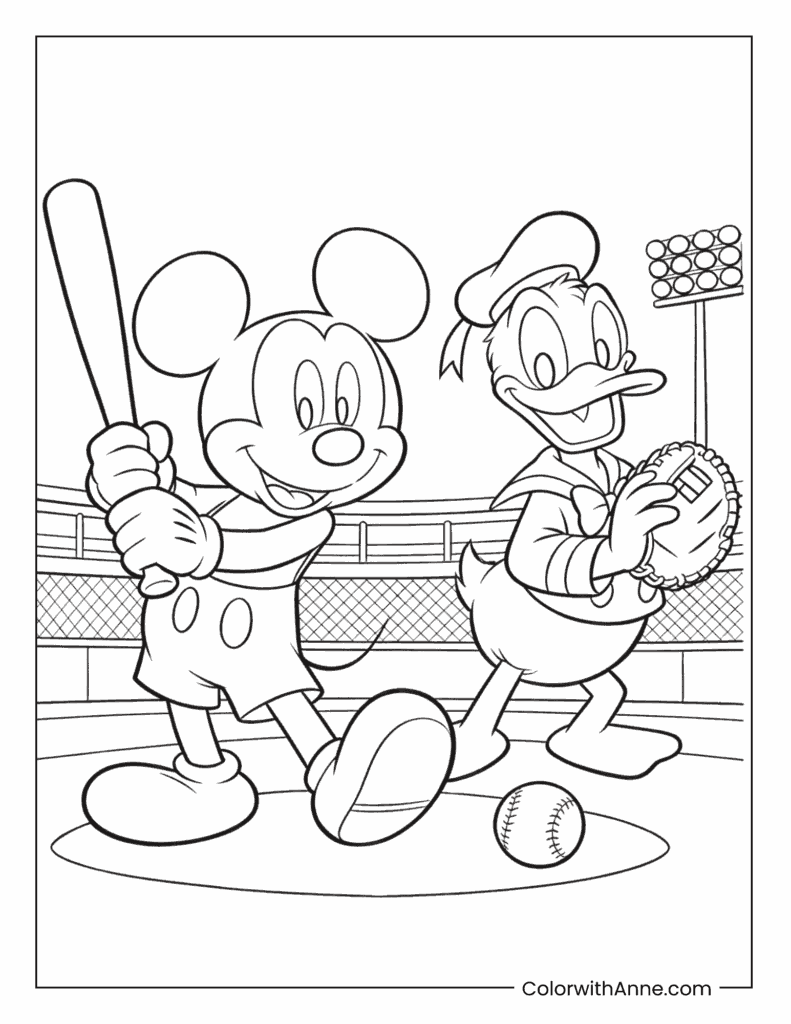 Mickey Mouse and Donald Duck Playing Baseball Coloring Page