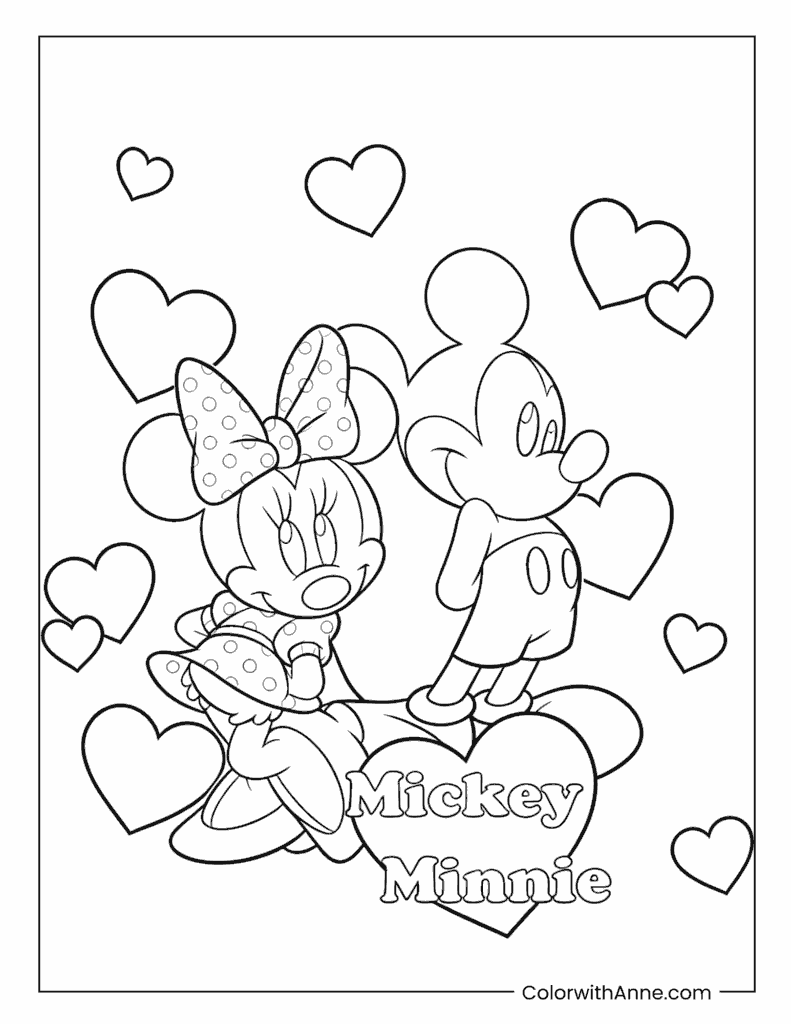Mickey Mouse and Minnie Mouse Surrounded by Hearts Coloring Page