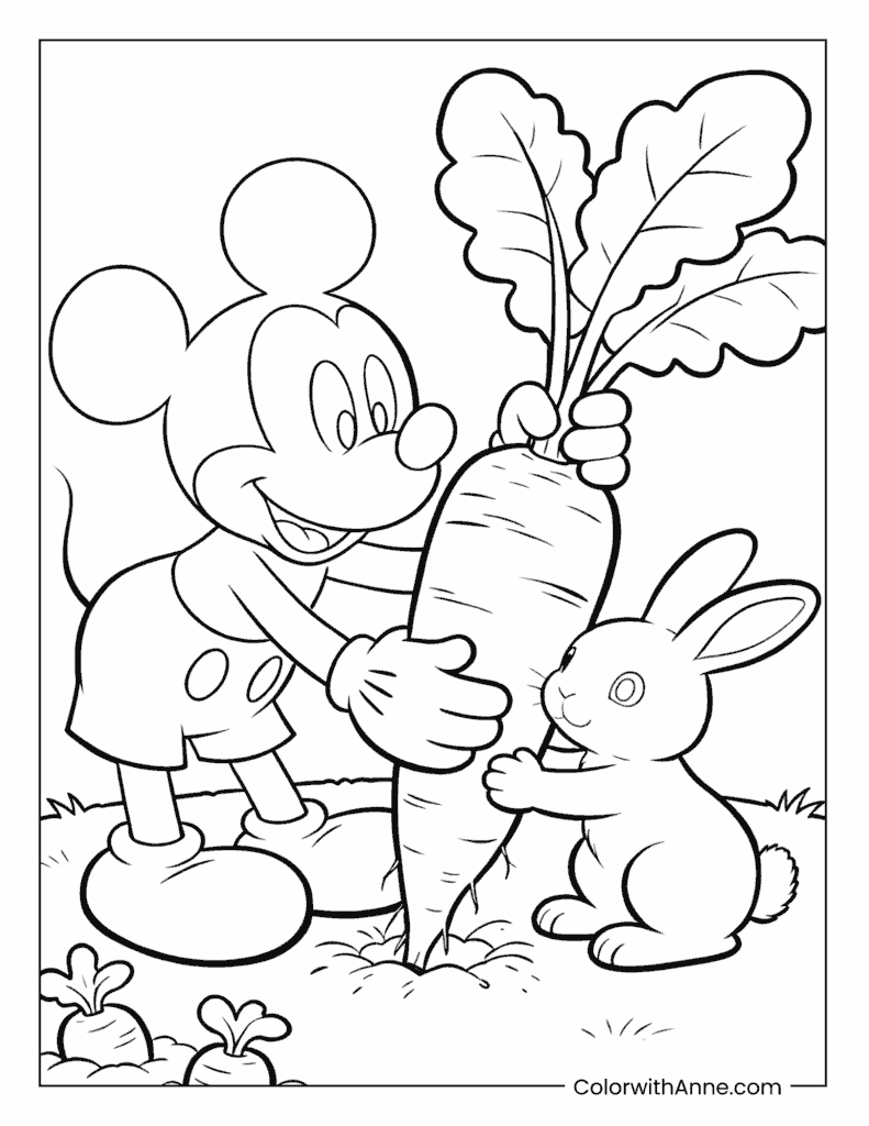 Mickey Mouse and a Bunny Sharing a Giant Carrot Coloring Page