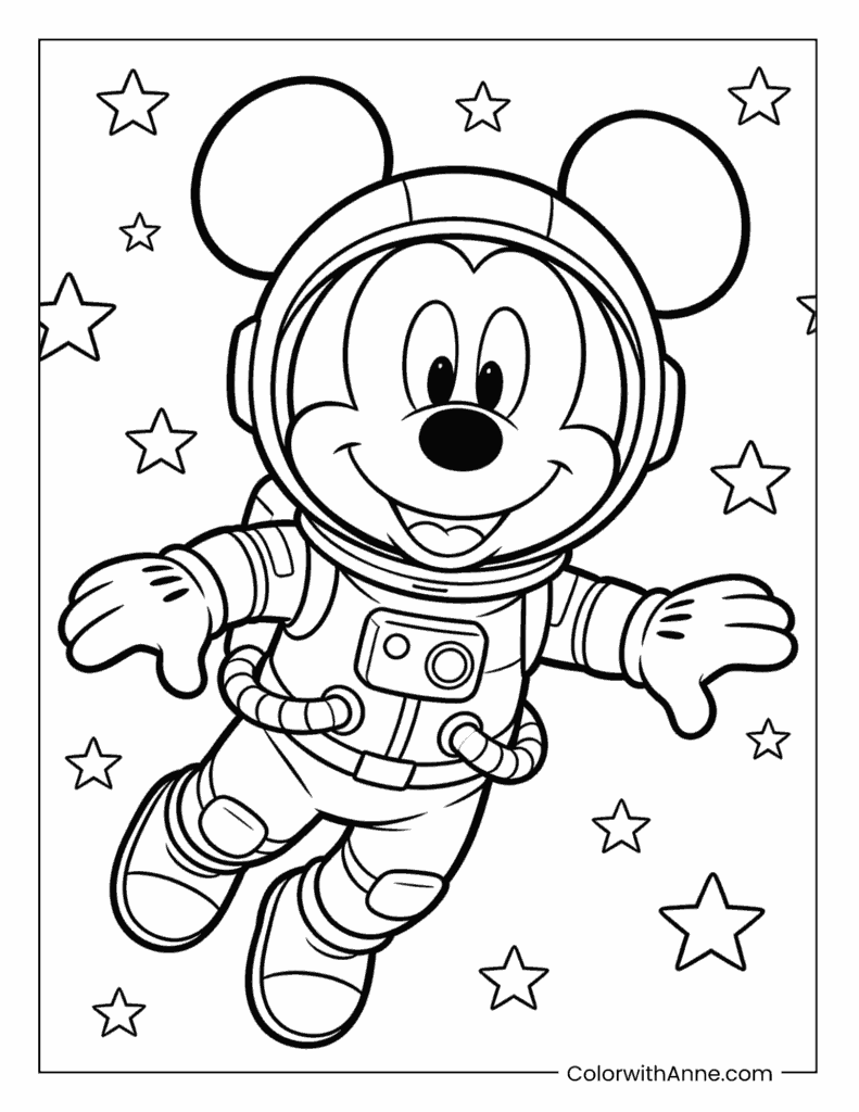 Mickey Mouse as an Astronaut Floating in Space Coloring Page