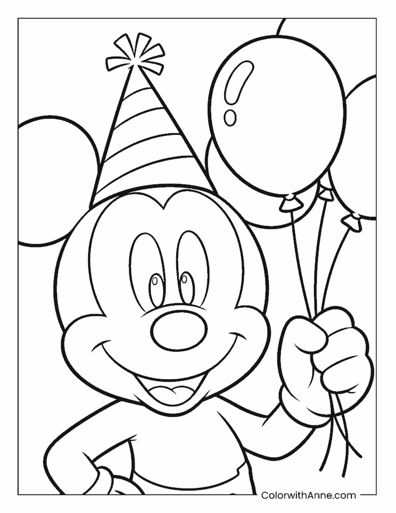 Mickey Mouse with a Party Hat and Balloons Coloring Page
