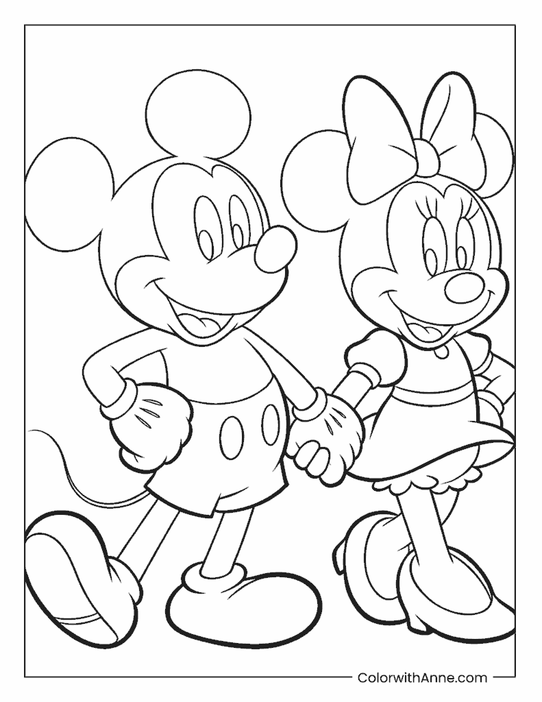 Mickey and Minnie Mouse Holding Hands Coloring Page