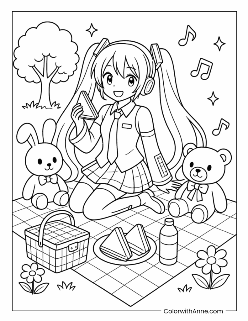 Miku Having a Picnic with Toys Coloring Page