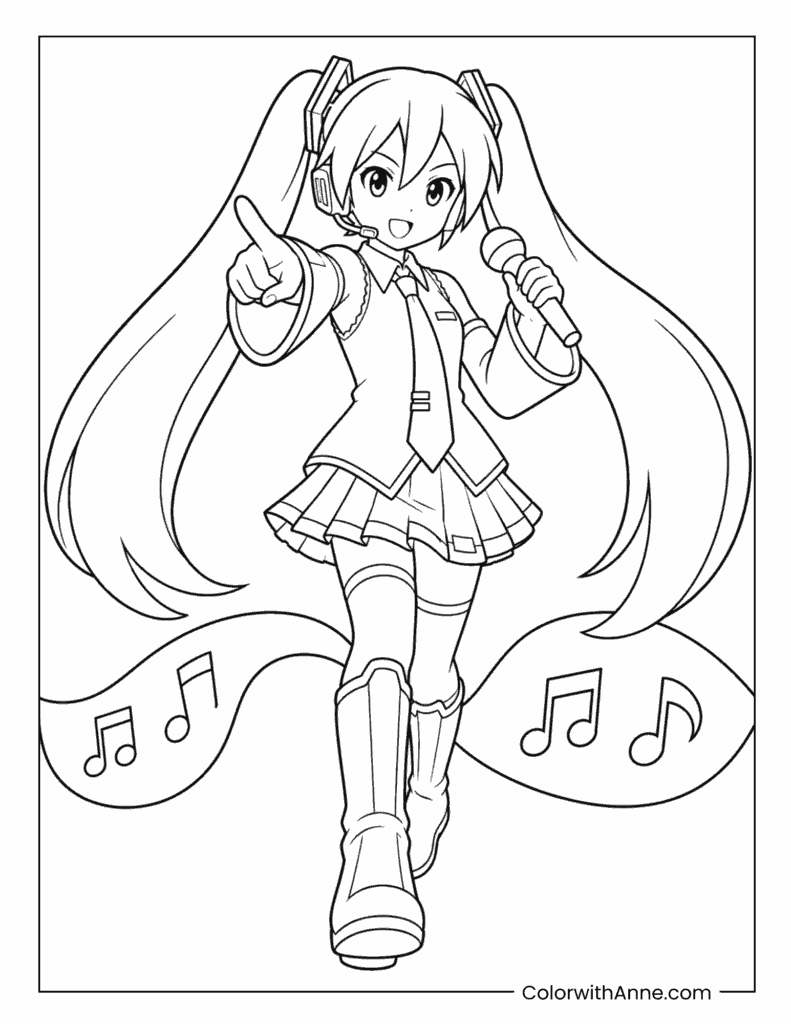 Miku Pointing with a Microphone Coloring Page
