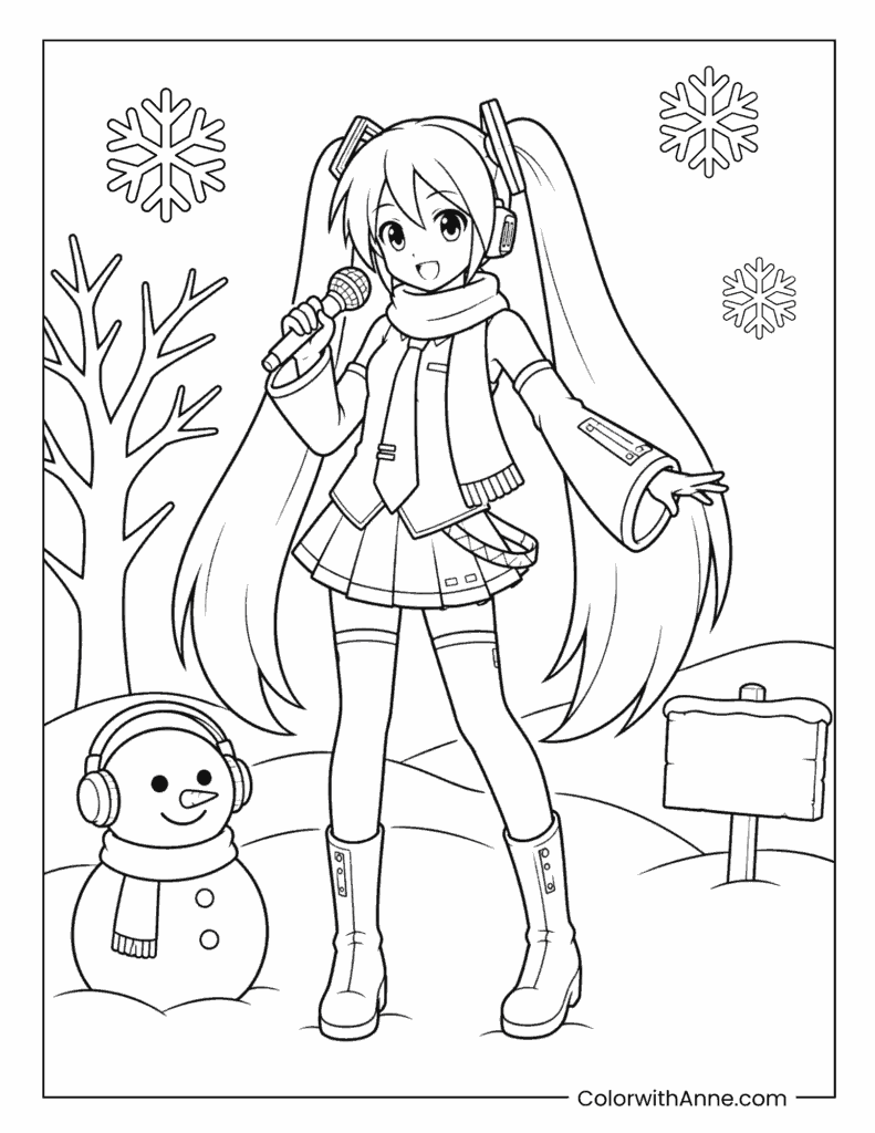 Miku Singing in the Snow with Snowman Coloring Page
