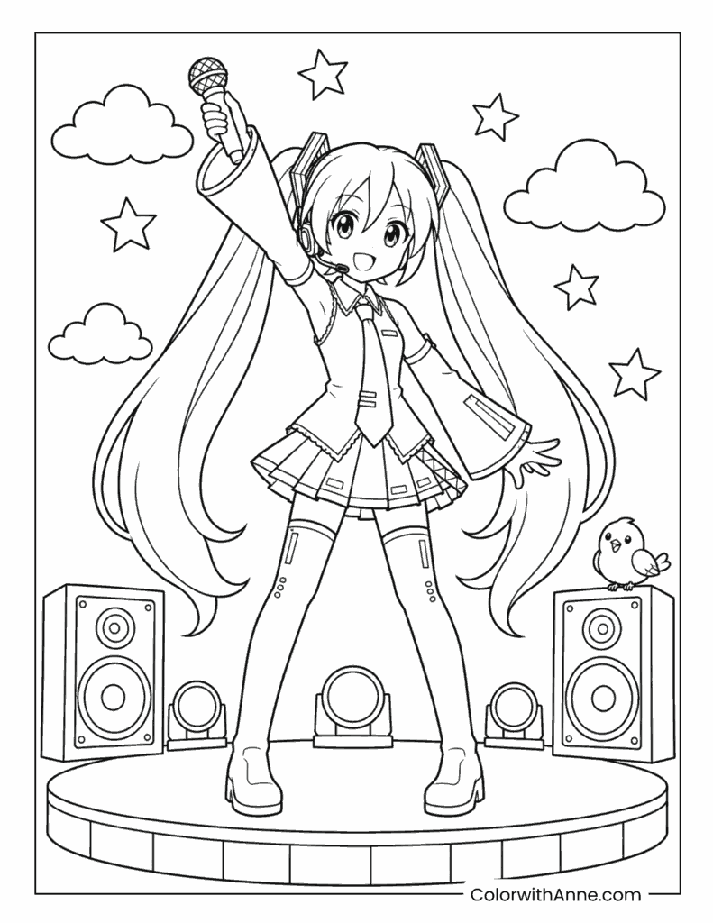 Miku Singing on a Stage Coloring Page for Kids