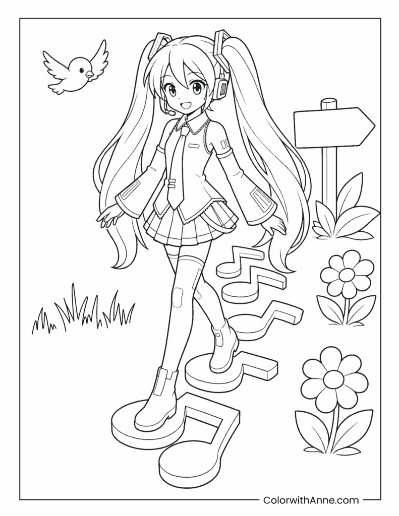 Miku Walking on Musical Notes Coloring Page