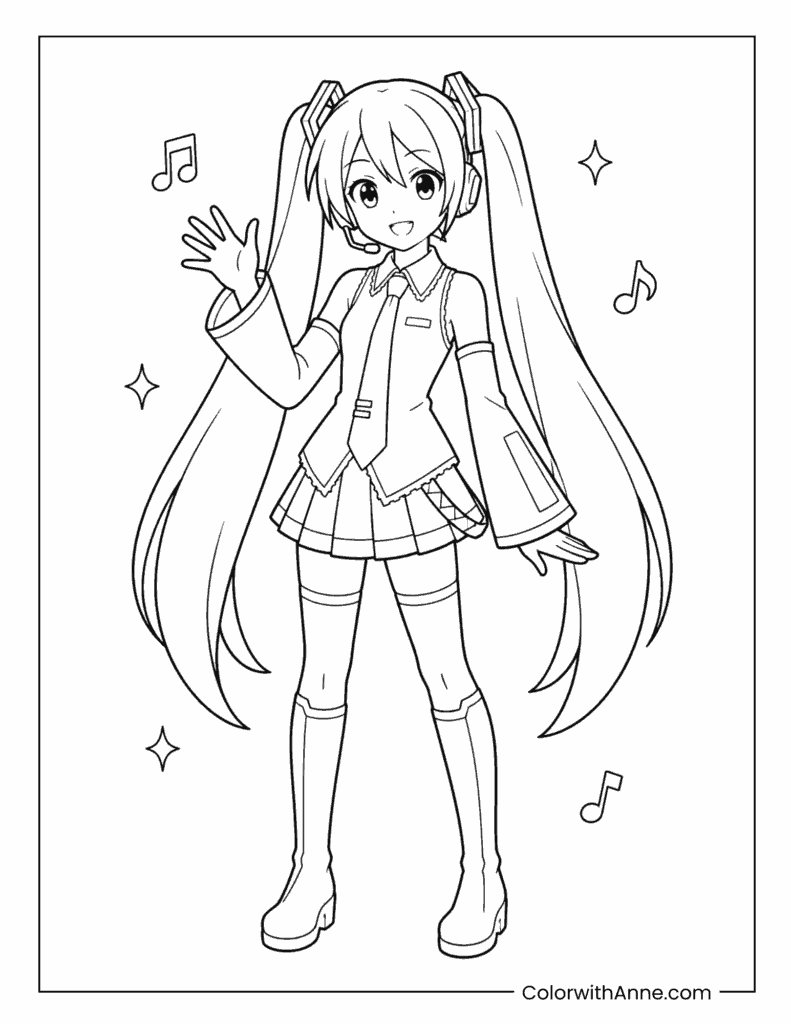 Miku Waving Hello Easy Coloring Page