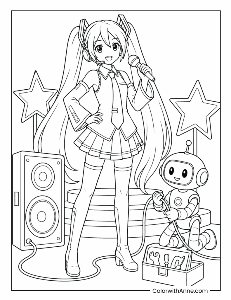 Miku and the Cute Robot Coloring Page