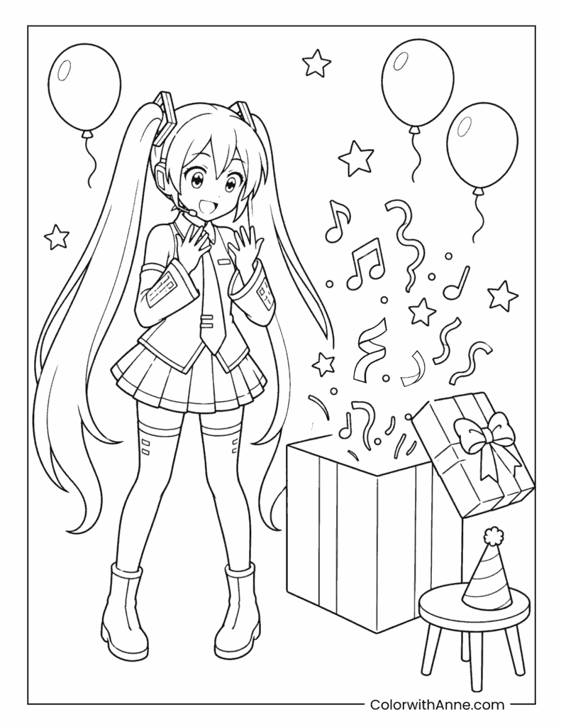 Miku with Birthday Gifts Coloring Page