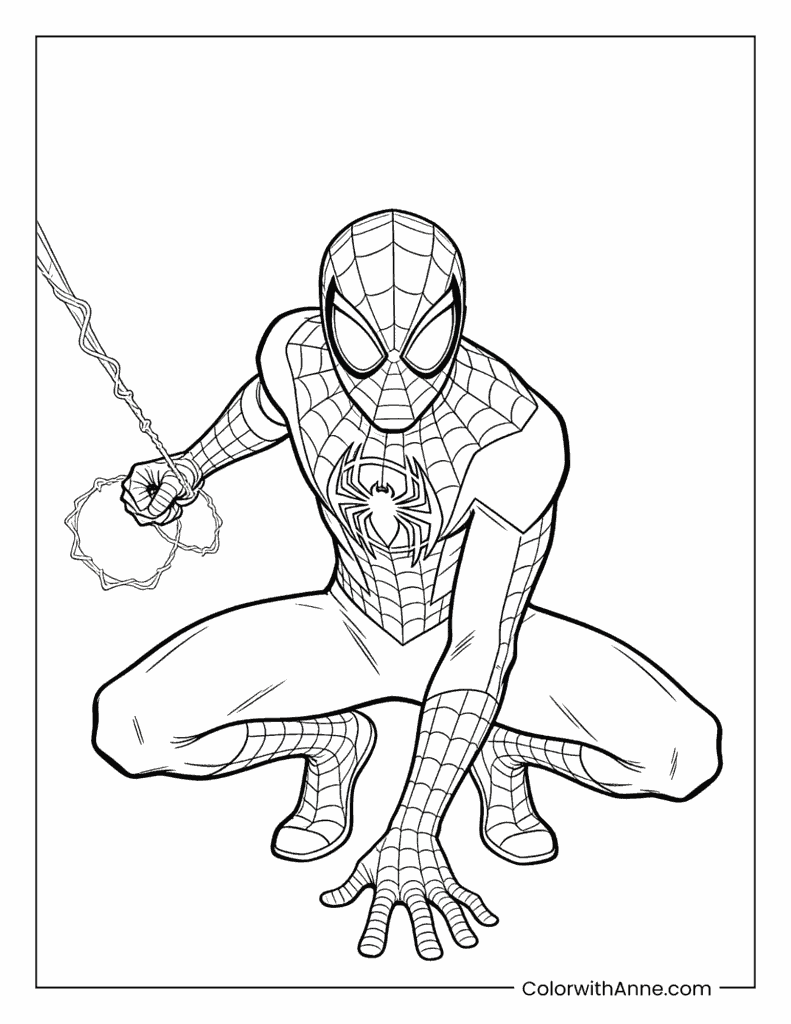 Miles Morales Shooting Web Crouch Pose Coloring Page