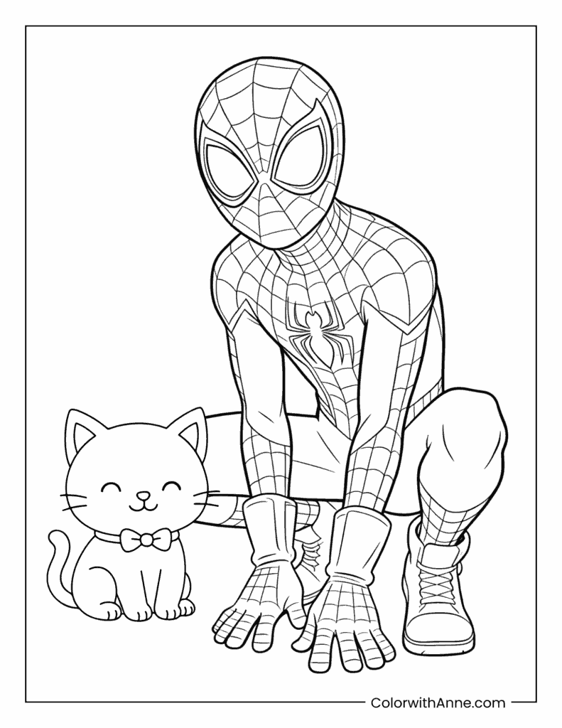 Miles Morales with a Kitten Companion Coloring Page
