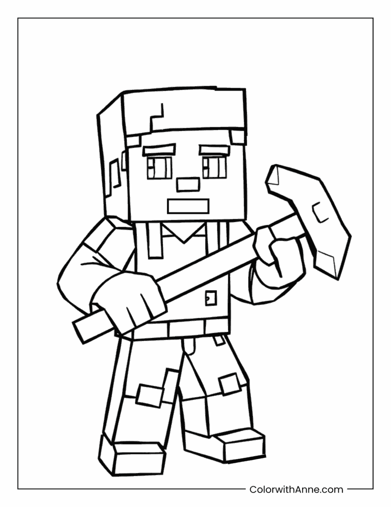 Minecraft Alex Holding a Diamond Pickaxe Coloring Page