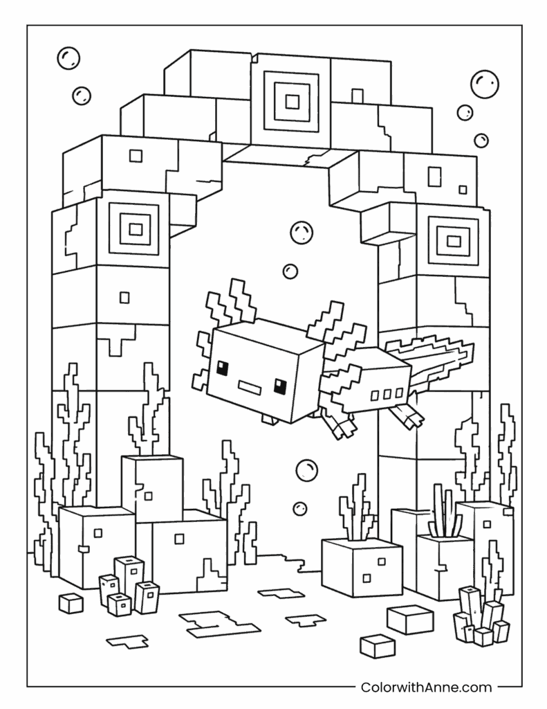 Minecraft Axolotl Swimming Through Underwater Ruins Coloring Page