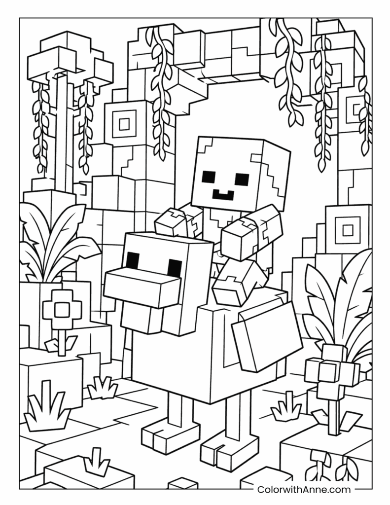 Minecraft Chicken Jockey Through the Jungle Coloring Page