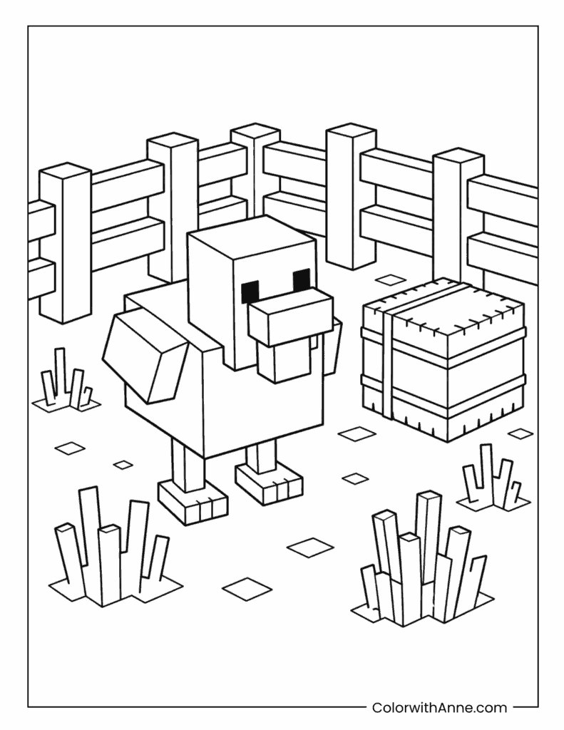 Minecraft Chicken Standing Beside a Hay Bale Coloring Page