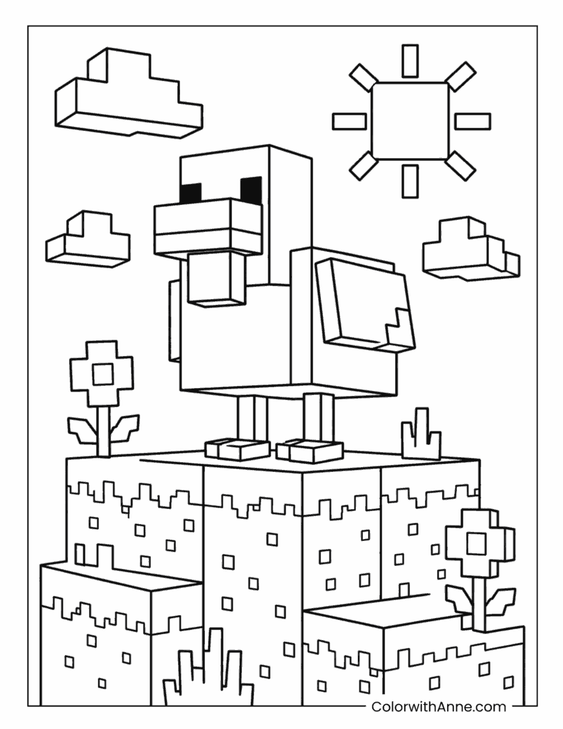 Minecraft Chicken Standing in a Sunny Blocky Meadow Coloring Page
