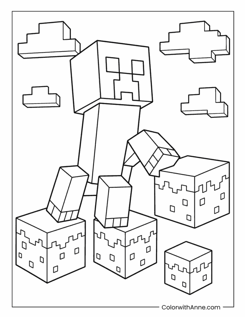 Minecraft Creeper Among Stacked Blocks Coloring Page