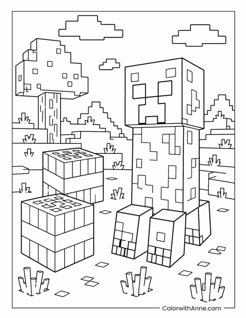 Minecraft Creeper Among TNT And Blocks Coloring Page