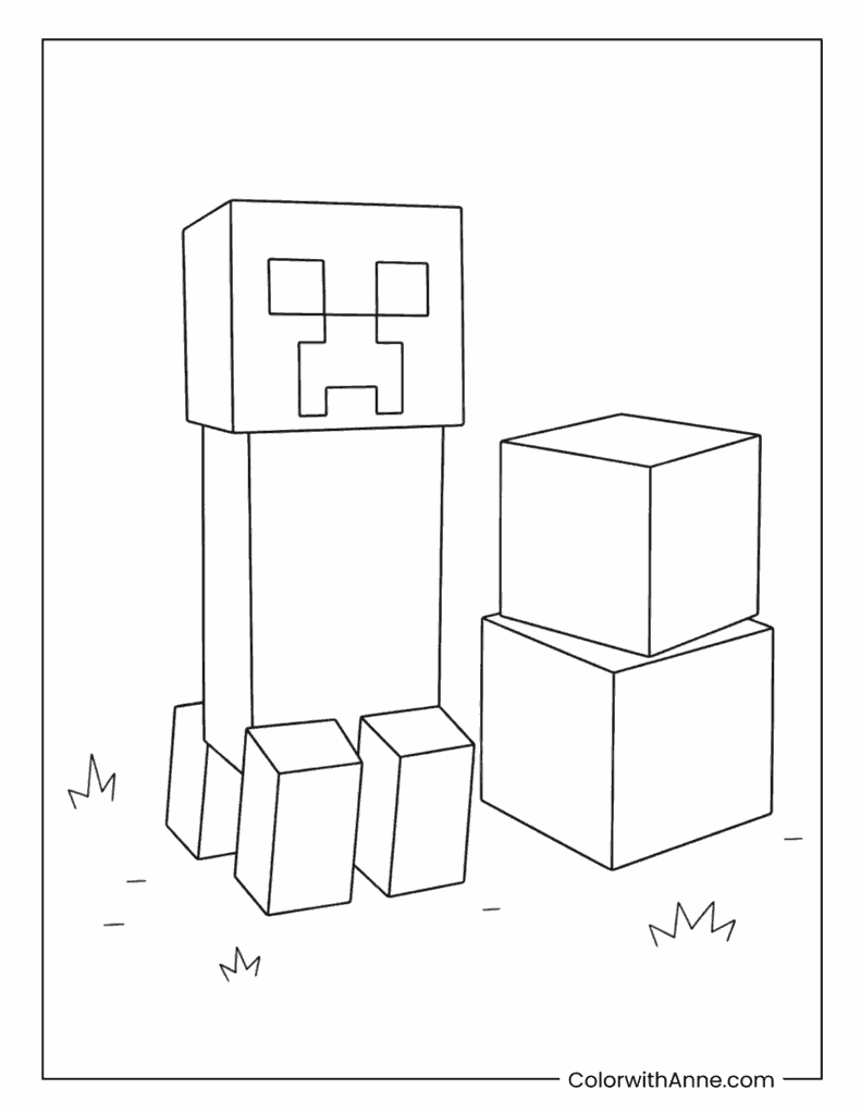Minecraft Creeper Beside Stacked Cubes Coloring Page