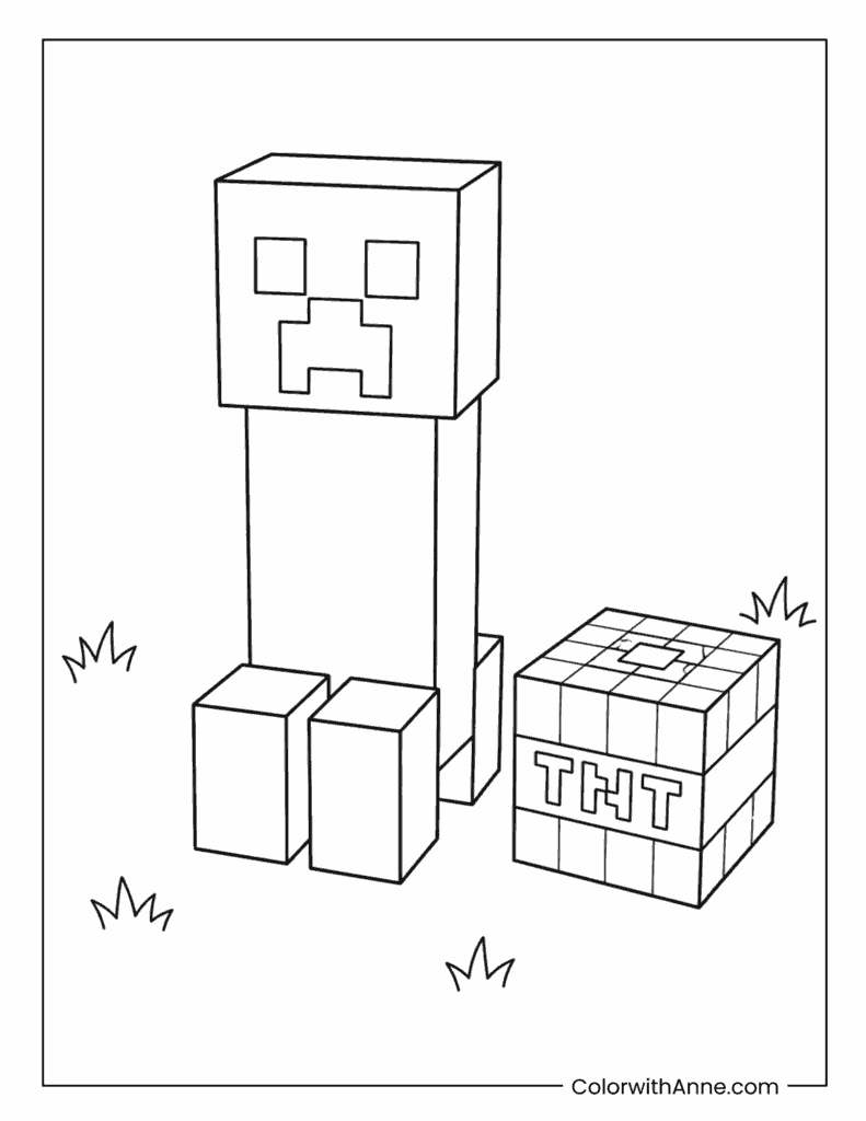 Minecraft Creeper Beside TNT Block Coloring Page