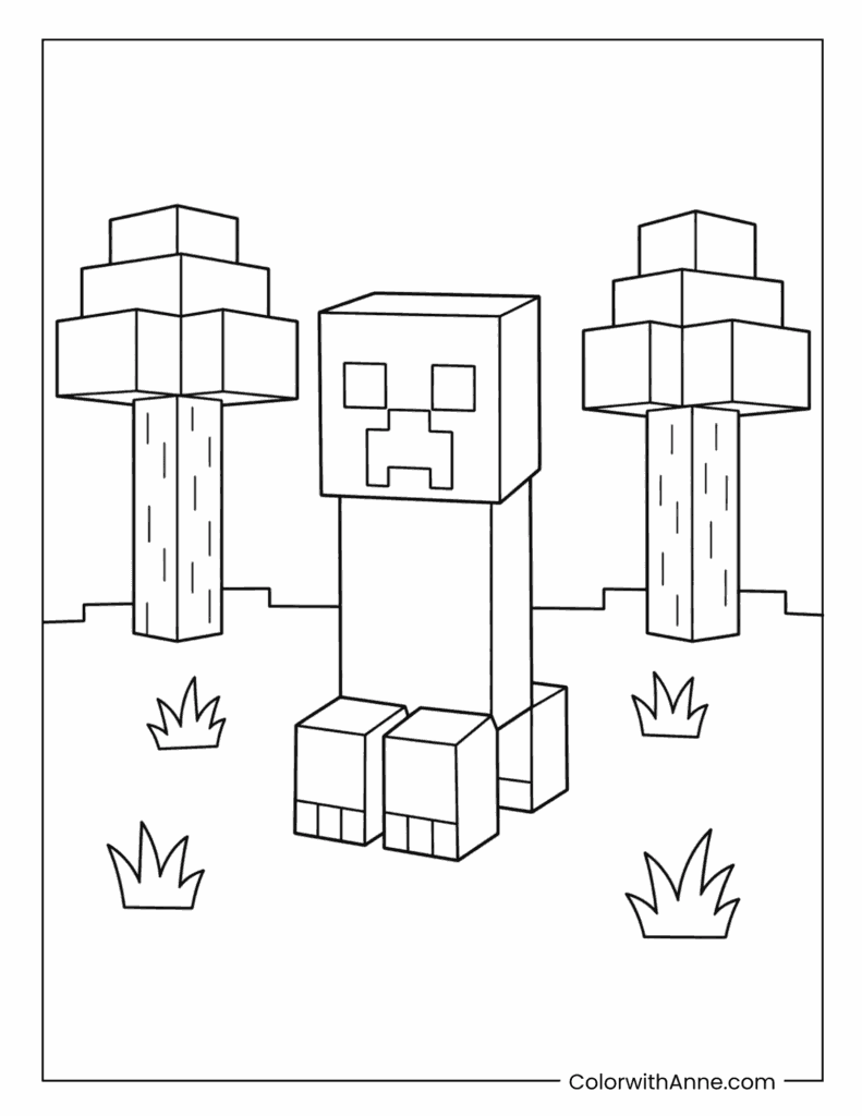 Minecraft Creeper Between Blocky Trees Coloring Page