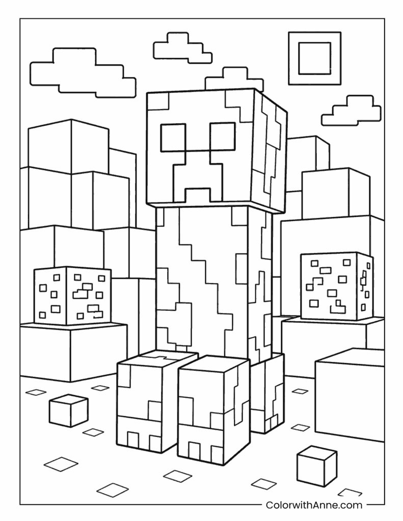 Minecraft Creeper In Block Sculpture Coloring Page
