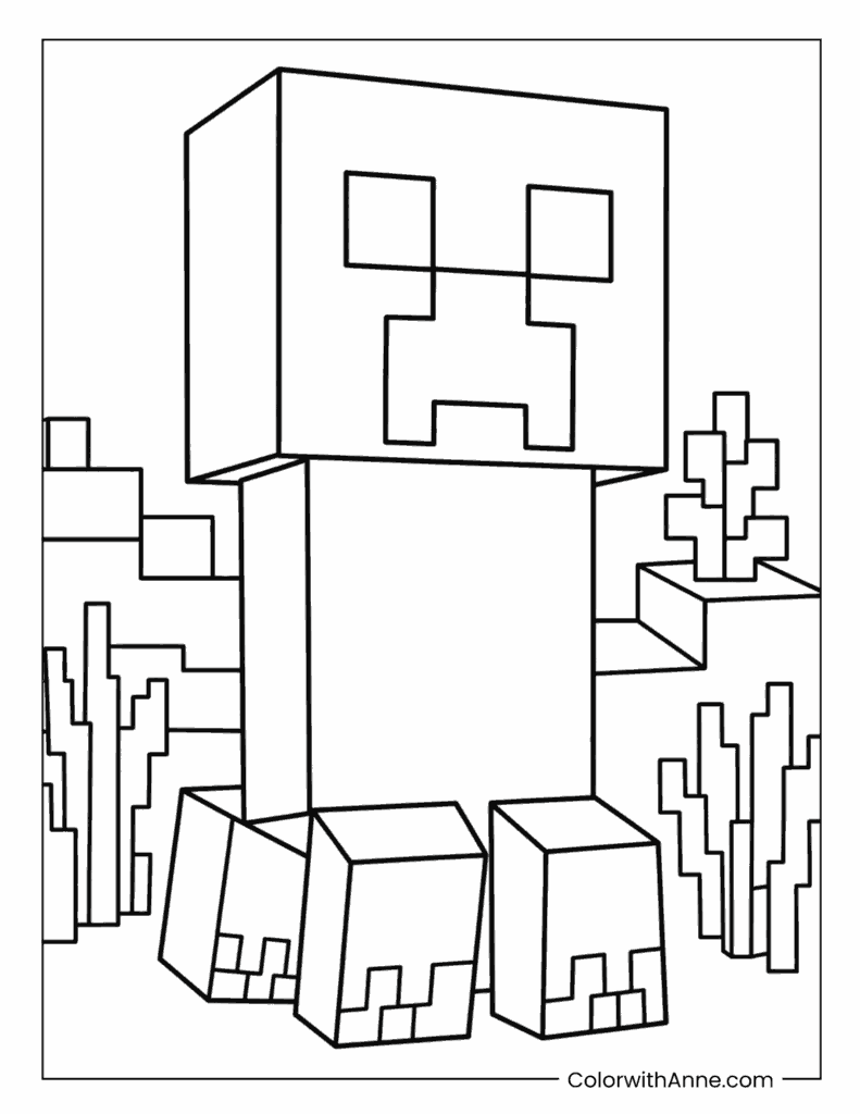 Minecraft Creeper In Desert Landscape Coloring Page