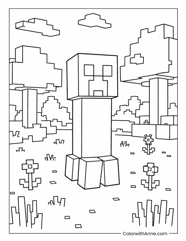 Minecraft Creeper In Flower Field Coloring Page