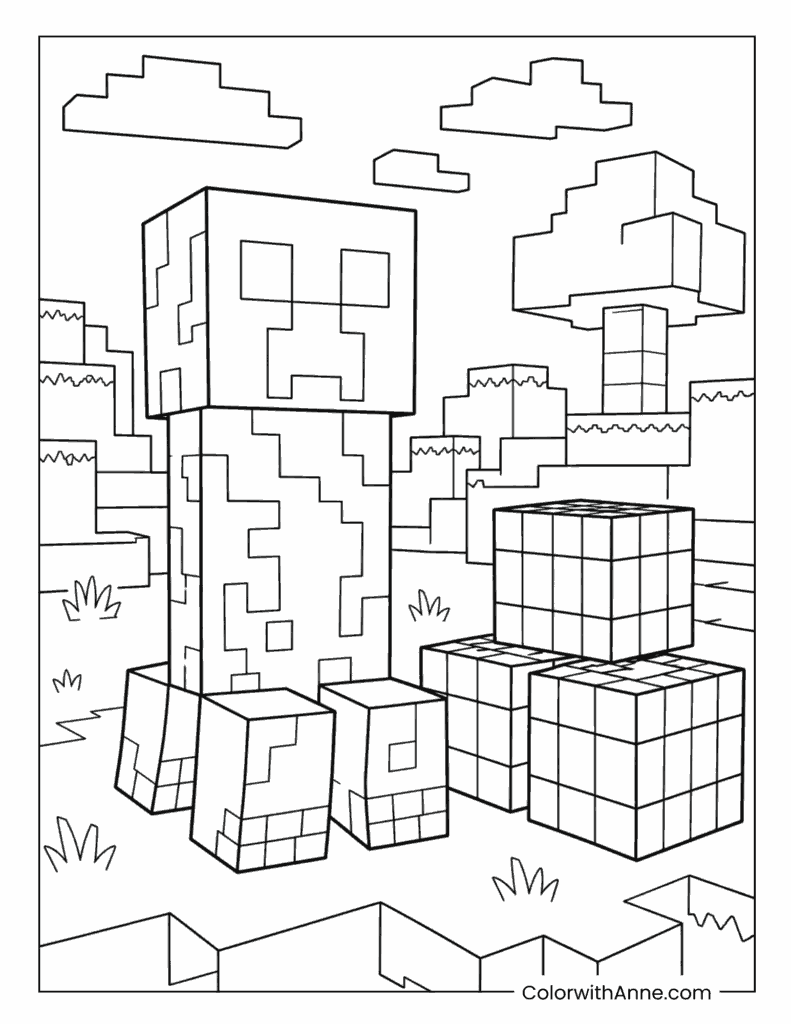 Minecraft Creeper In Open Minecraft Landscape Coloring Page