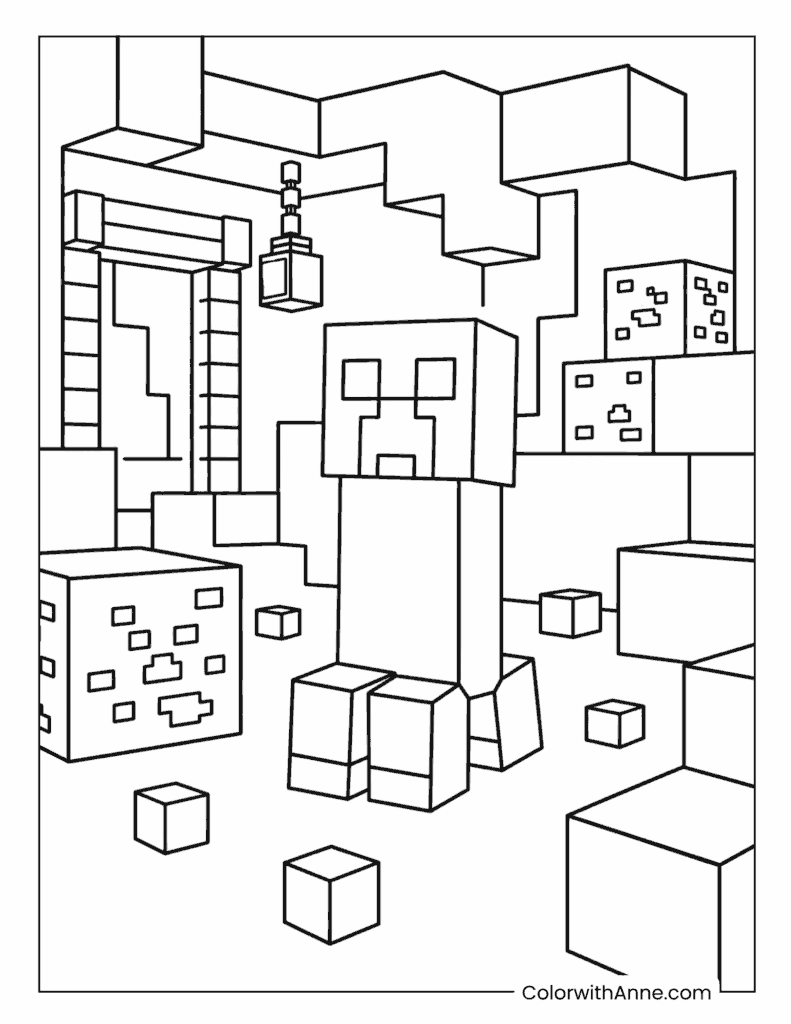 Minecraft Creeper Inside Block Cave Coloring Page
