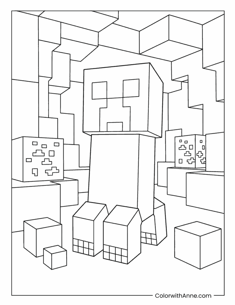 Minecraft Creeper Inside Stone Cave Coloring Page