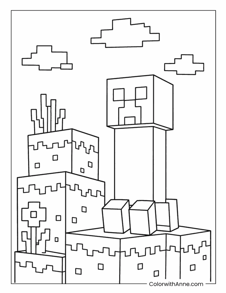 Minecraft Creeper On Castle Block Platform Coloring Page