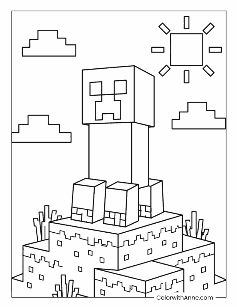 Minecraft Creeper On Sunlit Block Platform Coloring Page