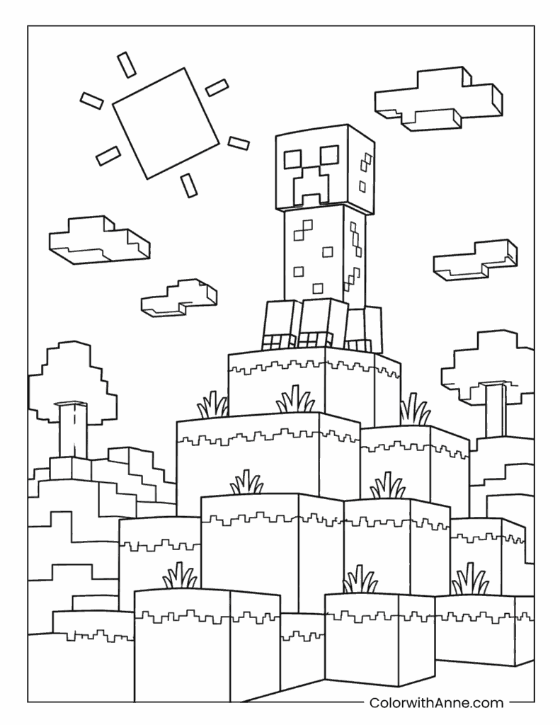 Minecraft Creeper On Tall Block Tower Coloring Page