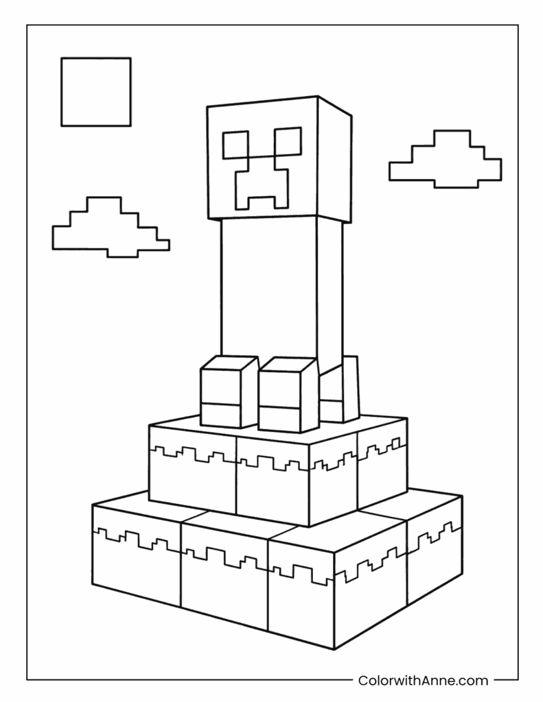 Minecraft Creeper On Tiered Block Pedestal Coloring Page