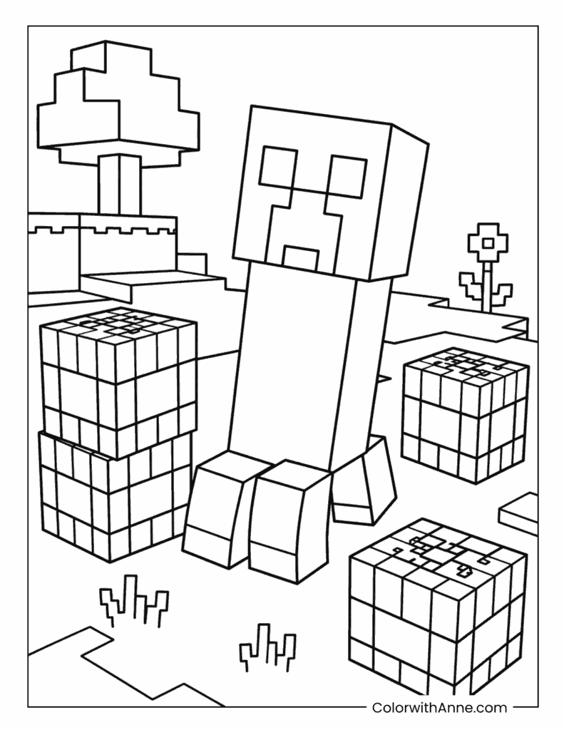Minecraft Creeper Sitting Among Blocks Coloring Page