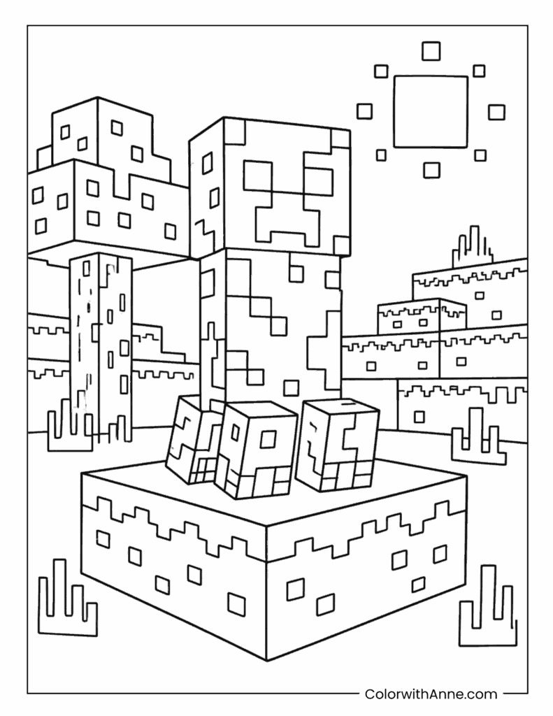 Minecraft Creeper Sitting On Block Platform Coloring Page