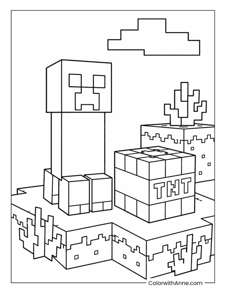 Minecraft Creeper Standing Beside a TNT Block Coloring Page